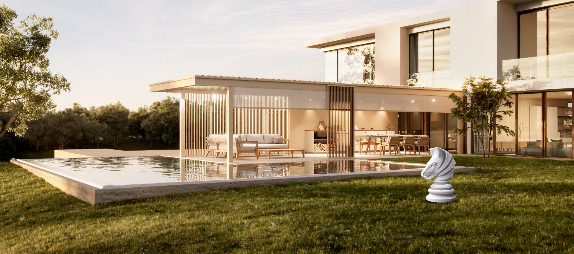 Pergola s vertikálnymi lamelami pri bazéne moderného domu