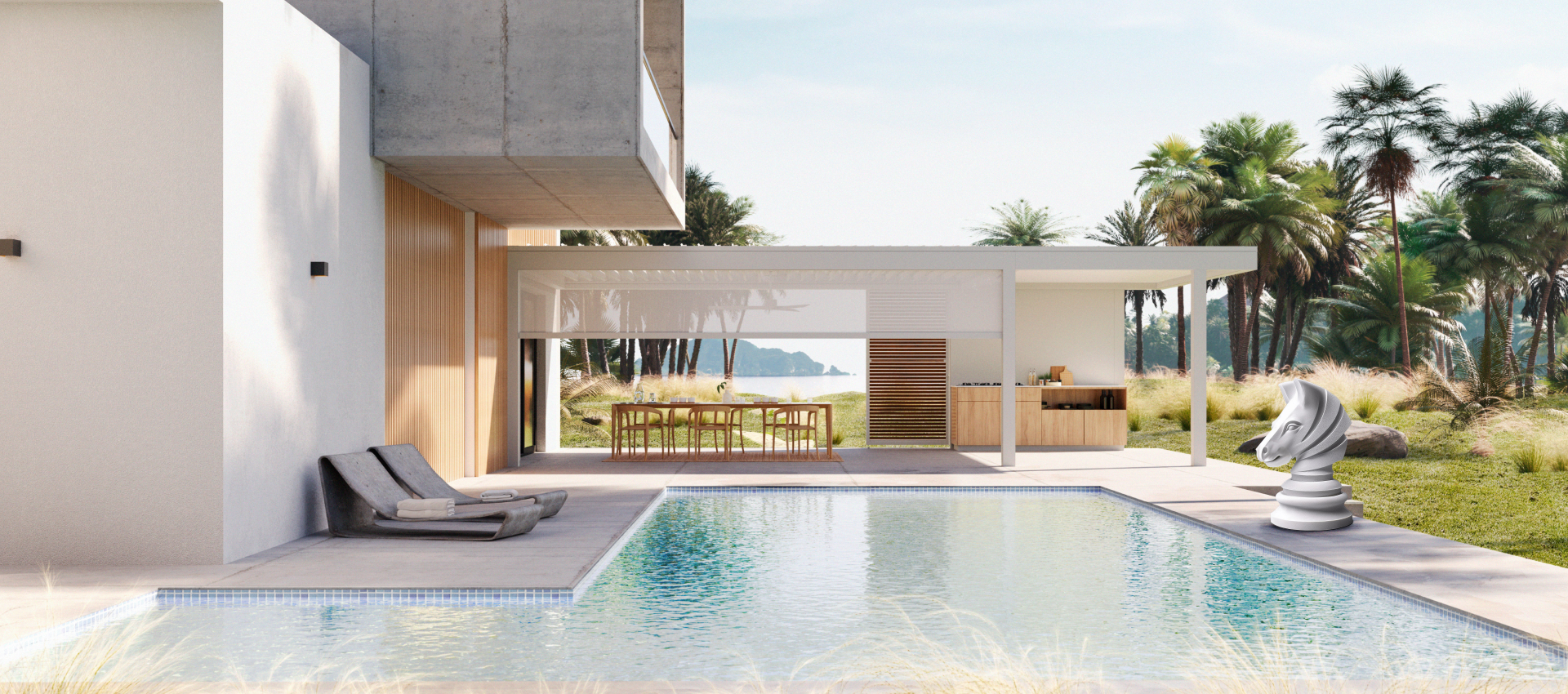 Vonkajšia pergola so screen roletou pri bazéne s výhľadom